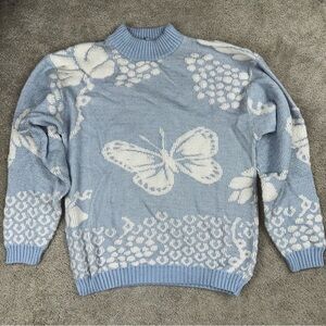Vintage Glamour Knit Butterfly Mock Neck Sweater Blue Metallic‎ Shimmer USA Made